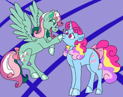 Size: 1005x796 | Tagged: safe, artist:honeytediz, fizzy, sweet pop (g1), twinkle eyed pony, g1, boop, bow, cute, duo, fizzybetes, noseboop, race swap, tail bow