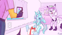 Size: 1920x1080 | Tagged: safe, oc, oc:stargrazer, changeling, fox, adult foal, bedroom, birthday, bow, cellphone, changeling oc, clothes, diaper, diaper fetish, dress, fetish, furry, jeans, non-baby in diaper, outlet, pants, phone, present, recording, shirt, smartphone, text, window