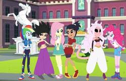 Size: 644x415 | Tagged: safe, fluttershy, pinkie pie, rainbow dash, equestria girls, g4, my little pony equestria girls: better together, camp everfree outfits, canterlot high, caulifla, comparison, converse, crossover, dragon ball, dragon ball fighterz, dragon ball super, equestria girls-ified, female, geode of super speed, kale (dragon ball), looking at each other, magical geodes, majin android 21, shoes, sneakers, tournament of power