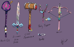 Size: 2652x1675 | Tagged: safe, artist:atryl, applejack, fluttershy, pinkie pie, rainbow dash, rarity, twilight sparkle, g4, crossbow, hammer, implied mane six, mane six, objectification, purple background, simple background, slingshot, sword, weapon