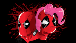 Size: 4622x2600 | Tagged: safe, artist:theimmolatedpoet, pinkie pie, g4, blood splatter, bust, clothes, cosplay, costume, crossover, deadpool, duo, marvel, pinkiepool, portrait