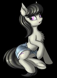 Size: 2832x3870 | Tagged: safe, artist:lightly-san, octavia melody, earth pony, pony, g4, black background, chest fluff, clothes, female, high res, looking at you, mare, shorts, simple background, sitting, solo, underhoof