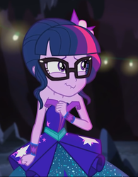 Size: 497x636 | Tagged: safe, screencap, sci-twi, twilight sparkle, equestria girls, g4, legend of everfree - bloopers, my little pony equestria girls: legend of everfree, bare shoulders, clothes, cropped, dress, female, glasses, sleeveless, strapless
