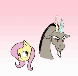 Size: 420x411 | Tagged: safe, artist:zlayd-oodles, discord, fluttershy, draconequus, g4, animated, blushing, bust, clip studio paint, cute, dilated pupils, discute, female, floppy ears, frame by frame, gif, gradient background, looking at each other, male, open mouth, portrait, ship:discoshy, shipping, shyabetes, straight, sweatdrop, turned head