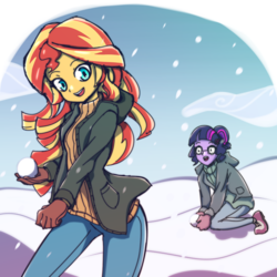 Size: 1600x1600 | Tagged: safe, artist:rockset, sci-twi, sunset shimmer, twilight sparkle, equestria girls, g4, clothes, duo, female, glasses, gloves, open mouth, pants, shoes, sneakers, snow, snowball, snowfall, winter