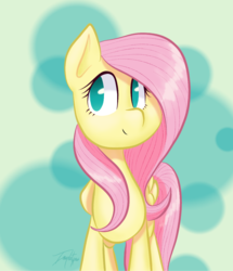 Size: 982x1143 | Tagged: safe, artist:imaplatypus, fluttershy, pegasus, pony, g4, abstract background, female, folded wings, looking at you, looking sideways, mare, no pupils, smiling, solo, standing, wings