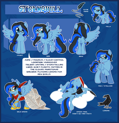 Size: 3595x3733 | Tagged: safe, artist:centchi, oc, oc only, oc:stormquill, bird, magpie, pegasus, pony, clothes, cloud, dress, female, filly, gala dress, glasses, high res, mare, reference sheet, solo