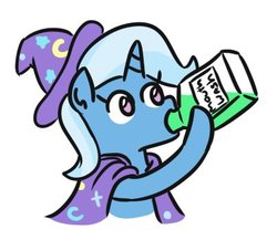 Size: 403x350 | Tagged: safe, artist:jargon scott, trixie, pony, unicorn, g4, bottle, cape, clothes, drink, drinking, female, hat, hoof hold, mare, mouth wash, simple background, solo, too dumb to live, trixie's cape, trixie's hat, white background