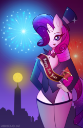 Size: 900x1390 | Tagged: safe, artist:lennonblack, rarity, unicorn, anthro, g4, beautiful, beauty mark, bowtie, clothes, cute, eyes closed, eyeshadow, female, fireworks, garter belt, happy new year, hat, holiday, legs together, leotard, makeup, mare, purple leotard, raribetes, rarity's leotard, shiny, socks, solo, sparkles, thick, thigh highs, top hat, tuxedo