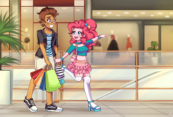Size: 2200x1500 | Tagged: safe, artist:lucy-tan, pinkie pie, oc, oc:copper plume, equestria girls, g4, bag, blushing, canon x oc, clothes, commission, commissioner:imperfectxiii, converse, copperpie, female, freckles, glasses, high heels, legs, male, mall, midriff, miniskirt, open mouth, pants, pointing, purse, shoes, short shirt, shorts, skirt, smiling, sneakers, socks, straight, sweat, thigh highs, thigh socks, wristband, zettai ryouiki