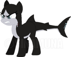 Size: 400x322 | Tagged: safe, artist:sinamuna, oc, oc only, oc:verloren, hybrid, original species, pony, shark pony, angry, bald, base used, blue hair, female, fins, gills, helix, mixed breed, piercing, shark tail, sharp teeth, simple background, solo, tail piercing, teeth, transparent background