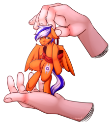 Size: 1387x1535 | Tagged: safe, artist:stupidpumpkin, oc, oc only, oc:naarkessex, pegasus, pony, bow, disembodied hand, gift wrapped, hand, holding a pony, simple background, transparent background, ych result