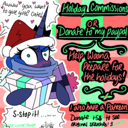 Size: 1280x1280 | Tagged: safe, artist:darkest-lunar-flower, princess luna, pony, g4, advertisement, begging, blushing, christmas, cute, female, hat, hearth's warming eve, holiday, looking at you, lunabetes, patreon, santa hat, solo, text