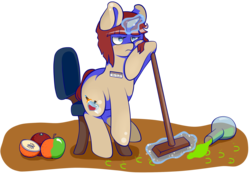 Size: 2282x1590 | Tagged: safe, artist:lucky-jacky, oc, oc only, oc:silk touch, pony, unicorn, apple, broom, chair, cleaning, cute, flask, food, magic, simple background, sitting, slouching, solo, tired, working