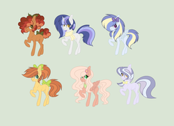 Size: 1992x1440 | Tagged: safe, artist:roseloverofpastels, oc, oc:apple blossom, oc:cocoa butter, oc:crystal note, oc:evening star, oc:pear jam, unnamed oc, earth pony, pegasus, pony, unicorn, base used, blank flank, bow, bowtie, clothes, female, flower, flower in hair, green background, hair bow, hair over one eye, mare, next generation, offspring, parent:applejack, parent:big macintosh, parent:caramel, parent:cheese sandwich, parent:fancypants, parent:flash sentry, parent:fluttershy, parent:pinkie pie, parent:rainbow dash, parent:rarity, parent:soarin', parent:twilight sparkle, parents:carajack, parents:cheesepie, parents:flashlight, parents:fluttermac, parents:raripants, parents:soarindash, poofy mane, raised hoof, scarf, simple background, tail bow