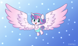Size: 1000x600 | Tagged: safe, artist:empyu, princess flurry heart, alicorn, pony, g4, baby, baby pony, clothes, cute, diaper, female, filly, flying, gradient background, happy, impossibly large wings, large wings, open mouth, oversized wings, signature, snow, solo, spread wings, wings