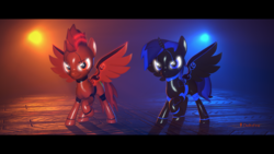 Size: 3840x2160 | Tagged: safe, artist:phoenixtm, oc, oc:delta firedash, oc:jinx ardor, alicorn, pony, robot, robot pony, 3d, alicorn oc, badass, high res, source filmmaker, spread wings, watermark, wings