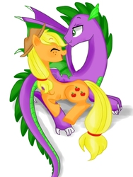 Size: 432x576 | Tagged: dead source, safe, artist:tinacrazy29, applejack, spike, dragon, pony, g4, cute, eyes closed, female, male, older, older spike, open mouth, ship:applespike, shipping, simple background, straight, white background, winged spike, wings