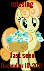 Size: 709x1128 | Tagged: safe, junebug, earth pony, pony, g4, basket, black background, female, flower, looking at you, missing pony, simple background, smiling, smiling at you, solo, text
