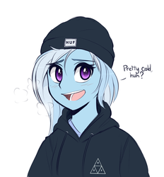 Size: 909x979 | Tagged: safe, artist:higglytownhero, trixie, equestria girls, g4, beanie, blushing, breath, clothes, cute, dialogue, diatrixes, female, hat, hoodie, huf, open mouth, simple background, solo, sweater, white background