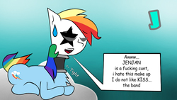 Size: 1280x720 | Tagged: safe, artist:jenjan23all, rainbow dash, alicorn, pony, g4, alone, backwards cutie mark, cloud, cunt, female, kiss (band), mask, nosing, paulstanley, sky, solo, wingless