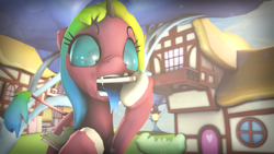 Size: 3840x2160 | Tagged: safe, artist:fiopon, oc, oc only, oc:piquant, original species, 3d, colorful, cross-eyed, food, forked tongue, high res, multicolored hair, outdoors, ponyville, sandwich, silly, solo, source filmmaker, tongue out, tree, unshorn fetlocks