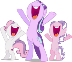 Size: 4387x3822 | Tagged: safe, artist:cheezedoodle96, artist:tardifice, edit, editor:slayerbvc, vector edit, diamond tiara, starlight glimmer, sweetie belle, earth pony, pony, unicorn, crusaders of the lost mark, g4, the cutie map, belly, bipedal, cutie mark, female, filly, mare, nose in the air, open mouth, simple background, the cmc's cutie marks, throat, transparent background, trio, trio female, uvula, vector, y pose