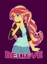 Size: 2875x3900 | Tagged: safe, artist:katakiuchi4u, sunset shimmer, equestria girls, g4, believe, clothes, female, freckles, high res, jacket, leather jacket, pants, peppered bacon, purple background, shirt, simple background, smiling, solo