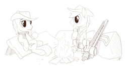 Size: 1280x665 | Tagged: safe, artist:brisineo, oc, oc only, oc:calamity, oc:maplewood, cyborg, pony, fallout equestria, alcohol, armor, beer, campfire, clothes, cowboy hat, crossover, dashite, fanboy, hanging out, hat, monochrome, railgun, sketch