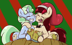 Size: 1600x1000 | Tagged: safe, artist:boardmindless, oc, oc only, oc:appleale, oc:sweetwater, pony, age difference, bowtie, christmas, cider, cute, female, filly, goggles, hat, holiday, hug, mare, mug, santa hat, tankard