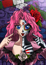 Size: 1600x2222 | Tagged: safe, artist:mauroz, pinkie pie, human, g4, bodypaint, clothes, costume, dia de los muertos, face paint, female, humanized, looking at you, skeleton costume, smiling, solo