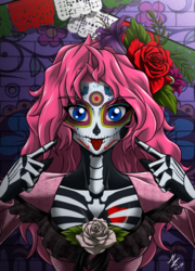 Size: 1600x2222 | Tagged: safe, alternate version, artist:mauroz, pinkie pie, human, g4, bodypaint, clothes, costume, dia de los muertos, face paint, female, humanized, looking at you, skeleton costume, smiling, solo