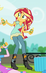 Size: 314x496 | Tagged: safe, screencap, pinkie pie, sunset shimmer, dance magic, equestria girls, equestria girls specials, g4, apple cider, boots, clothes, cropped, drink, female, high heel boots, offscreen character, pants, shoes, skirt, smiling