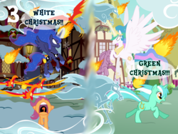 Size: 1024x768 | Tagged: safe, artist:bronybyexception, lyra heartstrings, princess celestia, princess luna, scootaloo, alicorn, pegasus, phoenix, pony, unicorn, windigo, g4, advent calendar, christmas, ethereal mane, female, filly, fire, foal, glowing eyes, green christmas, holiday, mare, ponyville, rivalry, royal sisters, screaming, snow, spread wings, starry mane, the year without a santa claus, this will not end well, white christmas, wings, xk-class end-of-the-world scenario