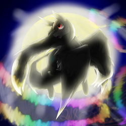 Size: 5800x5800 | Tagged: safe, artist:florarena-kitasatina/dragonborne fox, pony, absurd resolution, ahoge, artificial alicorn, augmented, crossover, dashing, flight trail, flying, head tilt, large wings, leonine tail, moon, ponified, red eyes, signature, sky, suguri (suguri), watermark, wings