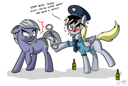 Size: 3969x2665 | Tagged: safe, artist:zsparkonequus, derpy hooves, limestone pie, earth pony, pegasus, pony, g4, alcohol, blushing, drunk, drunkerpy, duo, female, high res, mare, police, sunglasses