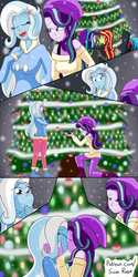 Size: 1000x2000 | Tagged: safe, artist:jake heritagu, aria blaze, chancellor neighsay, sonata dusk, starlight glimmer, sunset shimmer, trixie, comic:aria's archives, equestria girls, g4, christmas, christmas lights, christmas tree, clothes, comic, female, holiday, lesbian, marriage proposal, ring, ship:startrix, shipping, snow, sunblaze, tree, wedding ring