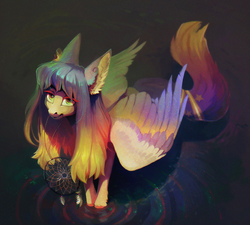 Size: 1500x1349 | Tagged: safe, artist:dearmary, oc, oc only, pegasus, pony, big ears, colored wings, dreamcatcher, ear fluff, large wings, looking up at you, mouth hold, solo, unshorn fetlocks, water, wings
