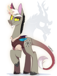 Size: 3000x4020 | Tagged: safe, artist:zlayd-oodles, discord, alicorn, draconequus, pony, unicorn, g4, bat wings, beard, black hair, chaos, clothes, colored sketch, design, facial hair, male, pony discord, shirt, solo, sweater, tail, white hair, wings, yellow eyes