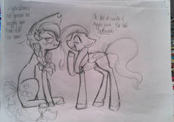 Size: 1024x716 | Tagged: safe, artist:heeeeresizzy, applejack, fluttershy, pony, g4, alternate hairstyle, blushing, dialogue, female, grayscale, lesbian, mare, monochrome, pigtails, ship:appleshy, shipping, sketch, speech bubble, traditional art