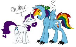 Size: 1280x788 | Tagged: safe, artist:heeeeresizzy, rainbow dash, rarity, hengstwolf, pony, unicorn, werewolf, g4, alternate universe, cutie mark, eye contact, female, floppy ears, lesbian, looking at each other, mare, question mark, ship:raridash, shipping, simple background, species swap, speech bubble, white background