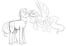 Size: 1024x711 | Tagged: safe, artist:heeeeresizzy, applejack, fluttershy, earth pony, pegasus, pony, g4, blushing, cutie mark, female, flying, grayscale, heart, kissing, lesbian, mare, monochrome, scrunchy face, ship:appleshy, shipping, simple background, sketch, white background