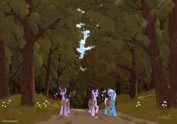 Size: 3000x2100 | Tagged: safe, artist:eriada, starlight glimmer, trixie, twilight sparkle, alicorn, pony, unicorn, g4, clothes, female, flower, forest, glowing horn, high res, horn, magic, mare, robe, saddle bag, telekinesis, tree, trio, twilight sparkle (alicorn)