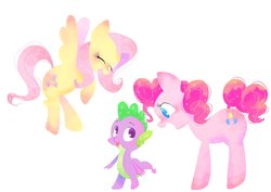 Size: 2039x1447 | Tagged: safe, artist:1drfl_world_end, fluttershy, pinkie pie, spike, dragon, earth pony, pegasus, pony, g4, age difference, cute, diapinkes, female, flutterspie, looking at something, male, mare, open mouth, ship:flutterspike, ship:pinkiespike, shipping, shyabetes, simple background, smiling, spikabetes, spike gets all the mares, spikelove, spread wings, straight, trio, white background, wings