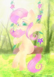 Size: 1447x2039 | Tagged: safe, artist:1drfl_world_end, fluttershy, pegasus, pony, g4, female, looking at you, mare, open mouth, sitting, smiling, solo, swing, three quarter view, waving