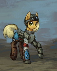 Size: 1280x1581 | Tagged: safe, artist:asimos, part of a set, applejack, pony, g4, alternate hairstyle, ammunition, armor, boots, female, helmet, looking at you, shoes, shotgun shell, solo