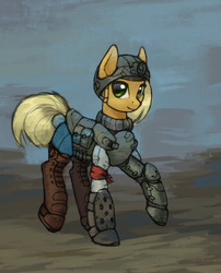 Size: 1280x1581 | Tagged: safe, artist:asimos, part of a set, applejack, pony, g4, alternate hairstyle, ammunition, armor, boots, female, helmet, looking at you, shoes, shotgun shell, solo, wip