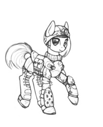 Size: 1280x1581 | Tagged: safe, artist:asimos, part of a set, applejack, earth pony, pony, g4, alternate hairstyle, ammunition, armor, boots, female, grayscale, helmet, looking at you, monochrome, shoes, shotgun shell, simple background, solo, white background