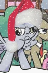 Size: 215x324 | Tagged: safe, artist:agnesgarbowska, edit, idw, derpy hooves, doctor whooves, time turner, earth pony, pegasus, pony, g4, ponyville mysteries, spoiler:comic, spoiler:comicponyvillemysteries4, angry, christmas, frown, hat, holiday, santa hat, snow, snowfall, spread wings, wat, wings, winter