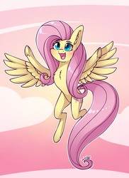 Size: 1760x2420 | Tagged: safe, artist:dsp2003, fluttershy, pegasus, pony, g4, abstract background, blushing, chest fluff, cloud, cute, female, flying, mare, open mouth, raised hooves, shyabetes, smiling, solo, spread wings, thin legs, underhoof, wings